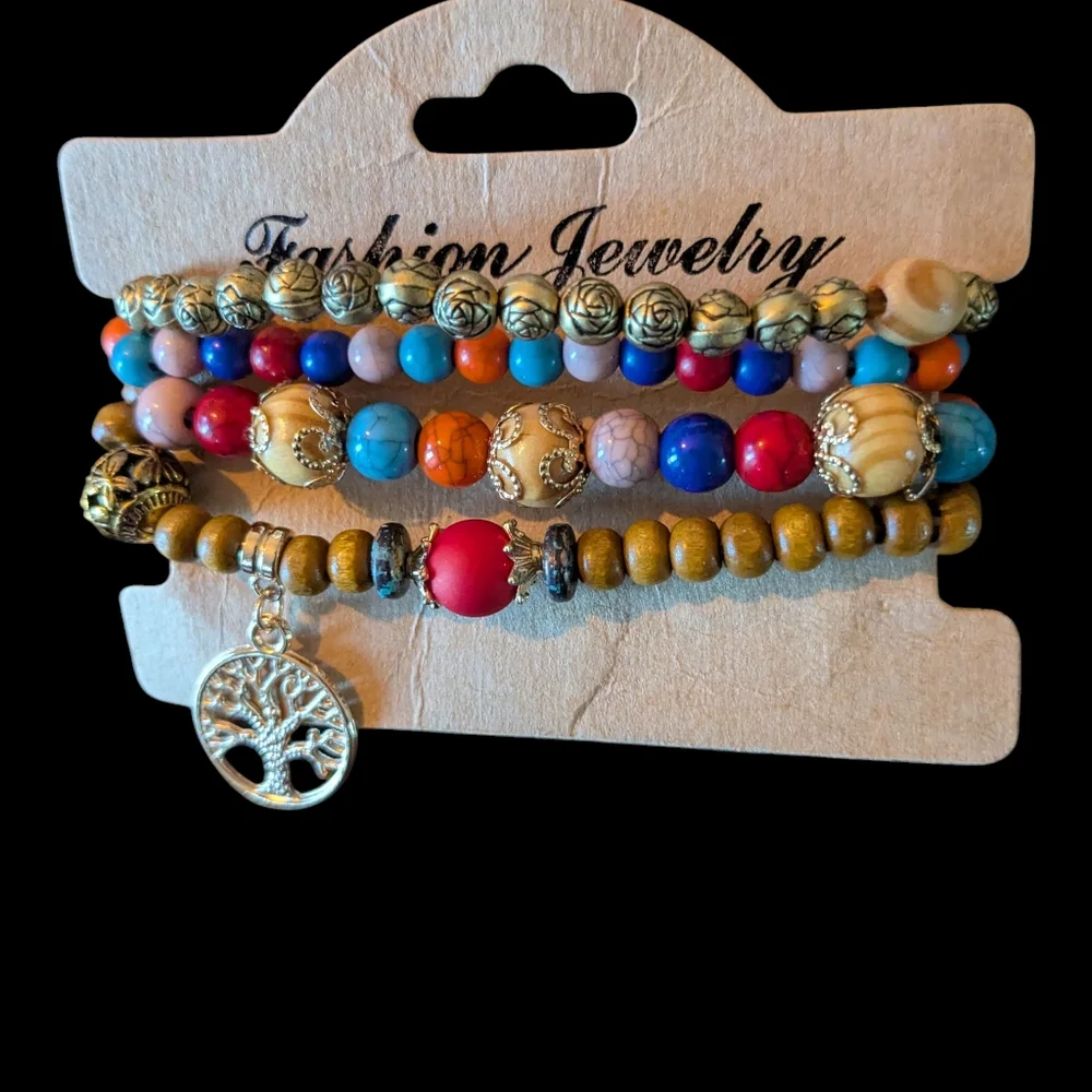 New Colorful Beaded Bracelet Set with Tree Charm And Tassell Earrings